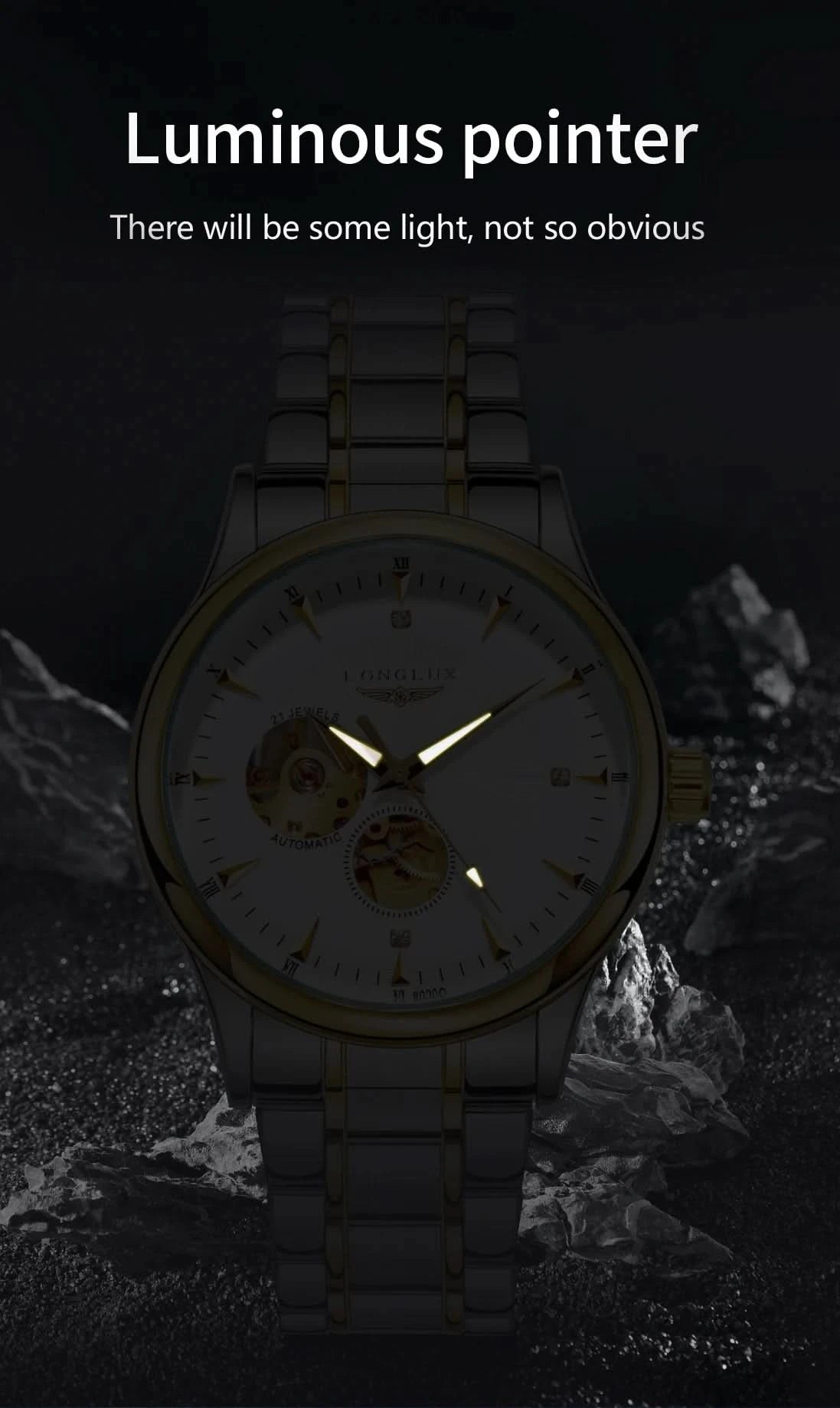LONGLUX Men automatic mechanical watch elegant luxury watches waterproof skeleton business wholesale stainless steel gift watch - M & M Global