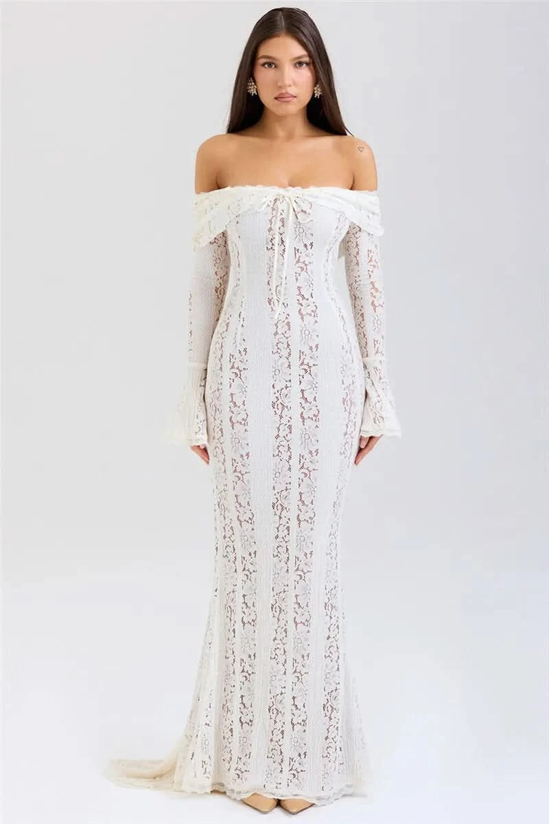 Mozision Floral Lace Off-shoulder Maxi Dress For Women White Strapless Backless Long Sleeve Bodycon Club Party Sexy Long Dress - M & M Global
