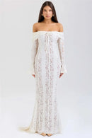 Mozision Floral Lace Off-shoulder Maxi Dress For Women White Strapless Backless Long Sleeve Bodycon Club Party Sexy Long Dress - M & M Global