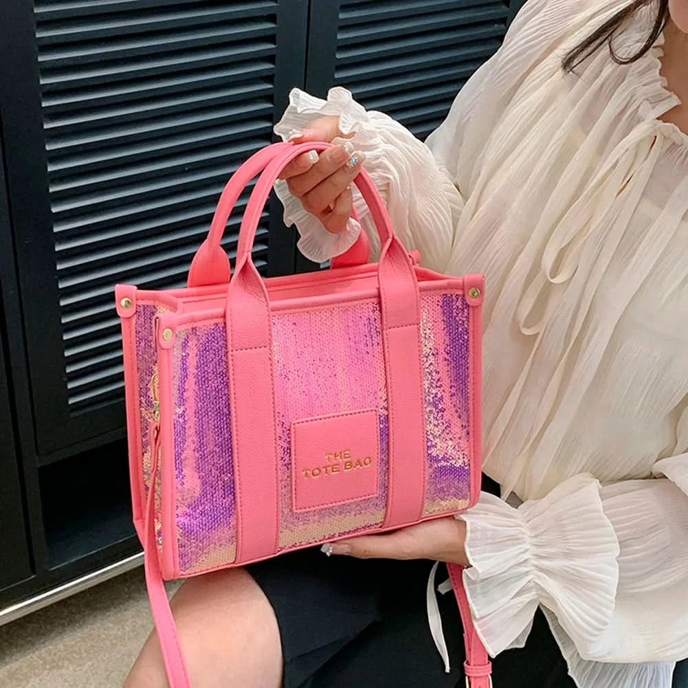 New The Tote Bag Letter Printed Sequins Top-Handle Bag Women Leather Handbag Luxury Designer Glitter Shoulder Crossbody Bag - M & M Global