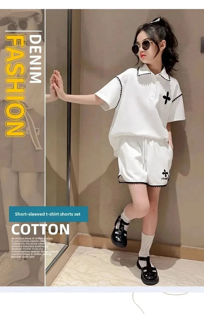 Girls Summer Polo Shirt Set Ruffle Collar T-Shirt Shorts Two-Piece Korean Style Mid-Big Children Fashionable Clothing - M & M Global