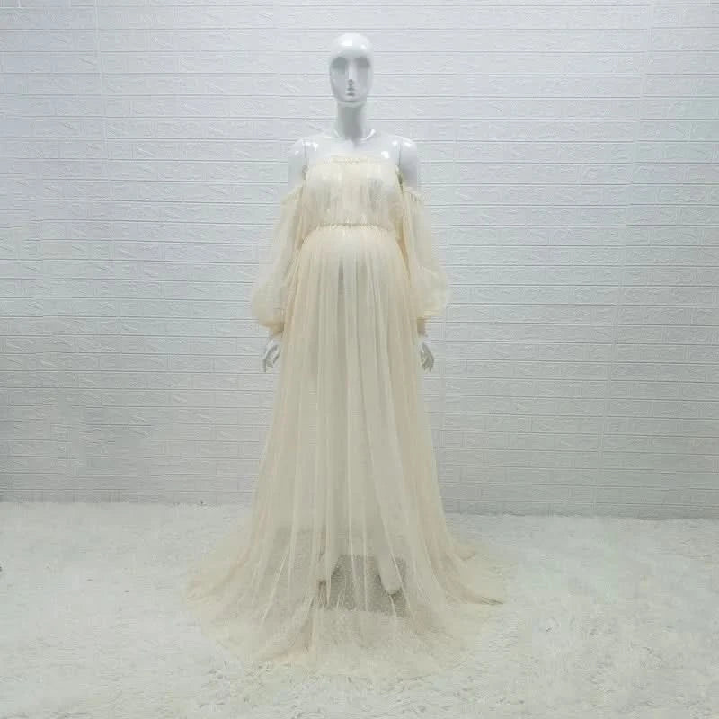 White Dot Tulle Maternity Photography Props Dress See Through Maternity Photo Shoot Tulle Long Dress Lantern Sleeve - M & M Global