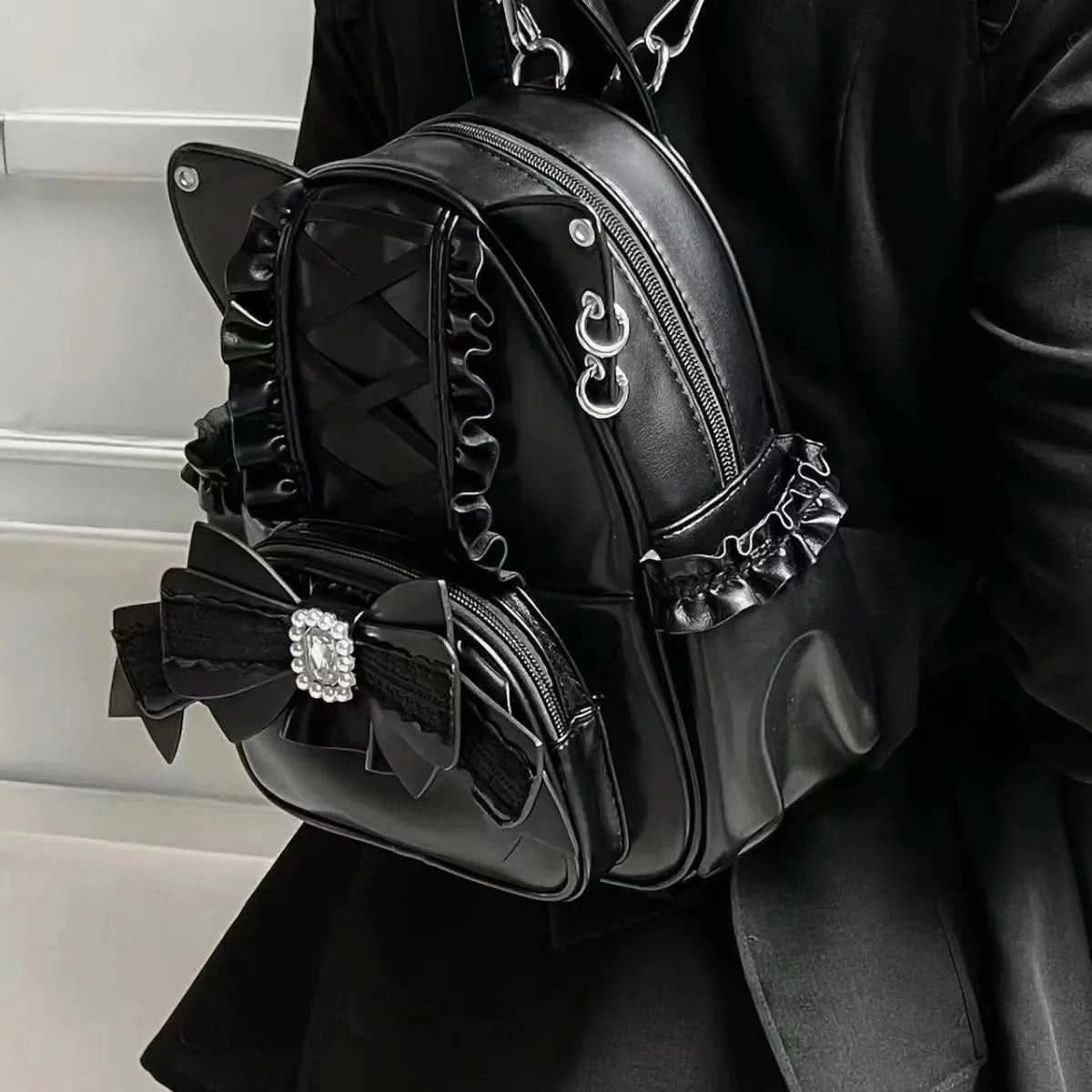 Korean Fashion Y2k Punk Backpack Lace Bow Cat Ear Lotus Lace Decoration Lolita Backbag PU Leather Large Capacity Women Backpack - M & M Global