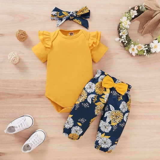 Newborn Baby Girls Clothing Set Infants Girl Short Sleeve Bodysuit+Floral Pants with Bow+Headband 3PCS Outfits for 0-18 Months - M & M Global