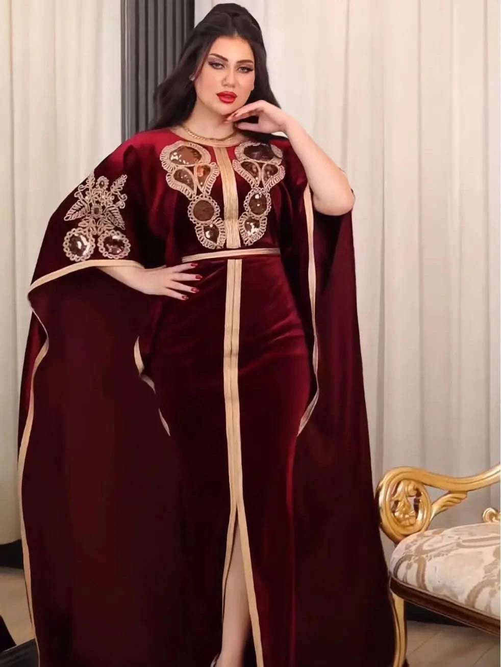Ramadan Luxury Muslim Fashion Bat Sleeve Moroccan Turkiye Dubai Dress Middle East Arab Dress Sequins Golden Velvet Long Dress - M & M Global