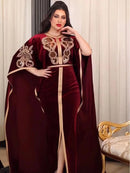 Ramadan Luxury Muslim Fashion Bat Sleeve Moroccan Turkiye Dubai Dress Middle East Arab Dress Sequins Golden Velvet Long Dress - M & M Global