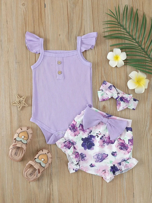 Summer Newborn Baby Girl Clothes Set  Sleeveless  Bodysuit  Printed Shorts  3pcs Clothing Suit Baby Girl Clothes For 0-1Years - M & M Global