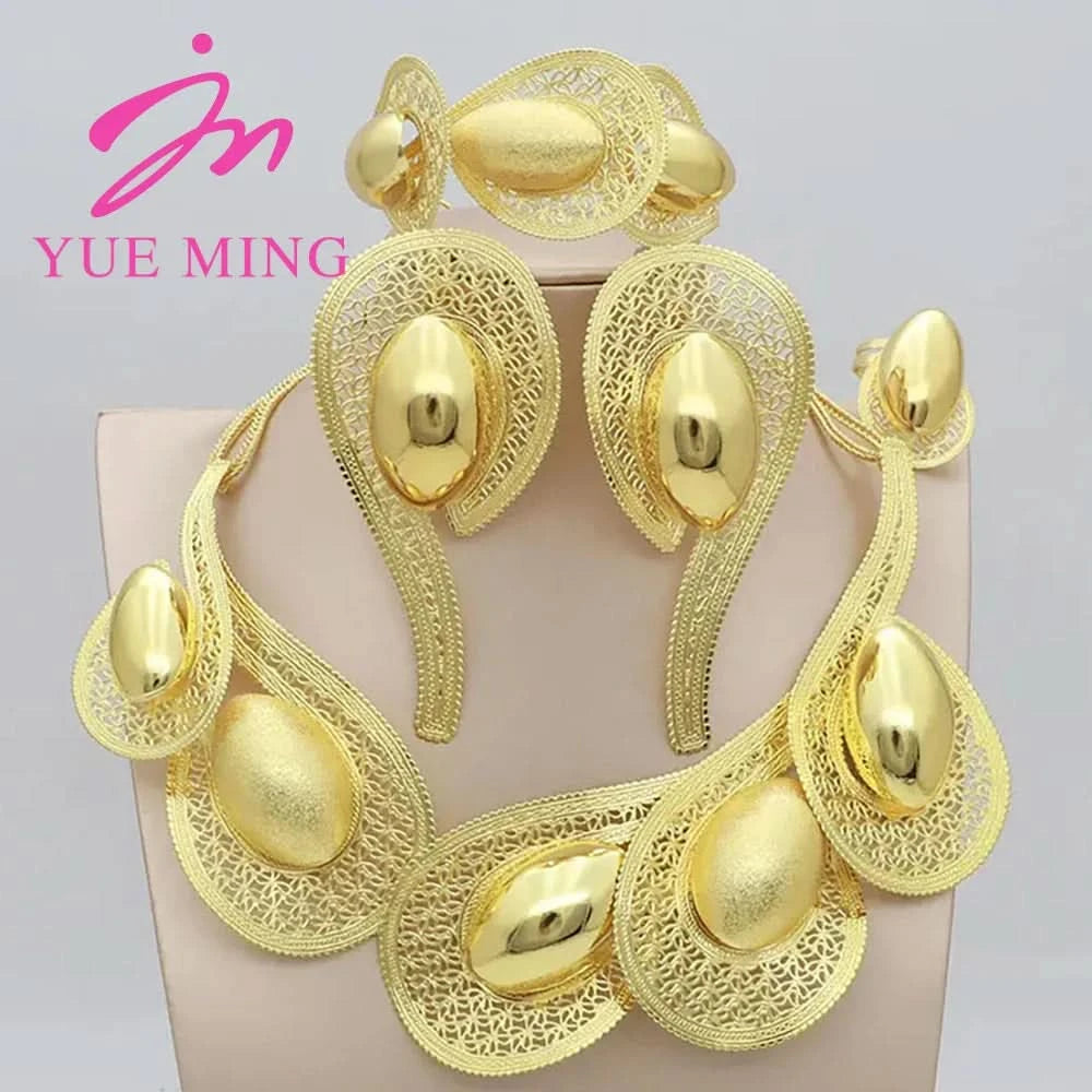 Luxury Brazilian Italian gold plated jewelry set for women including necklace, earrings, bracelet, and ring.