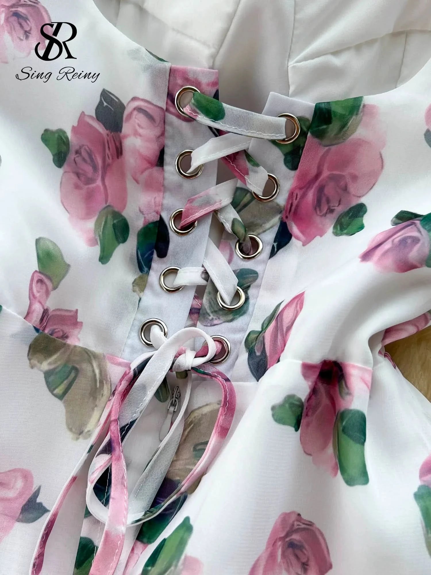 SINGREINY Beach Vacation Floral Print Dress Women Backless Lace Up Cross Bandage Ruched Korean Hotsweet Fashion Party Long Dress - M & M Global