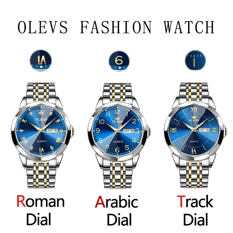 OLEVS Men's Watches Causal Fashion Original Quartz Watch for Man Waterproof Stainless Steel Luminous Date Week Trend Dress Reloj - M & M Global