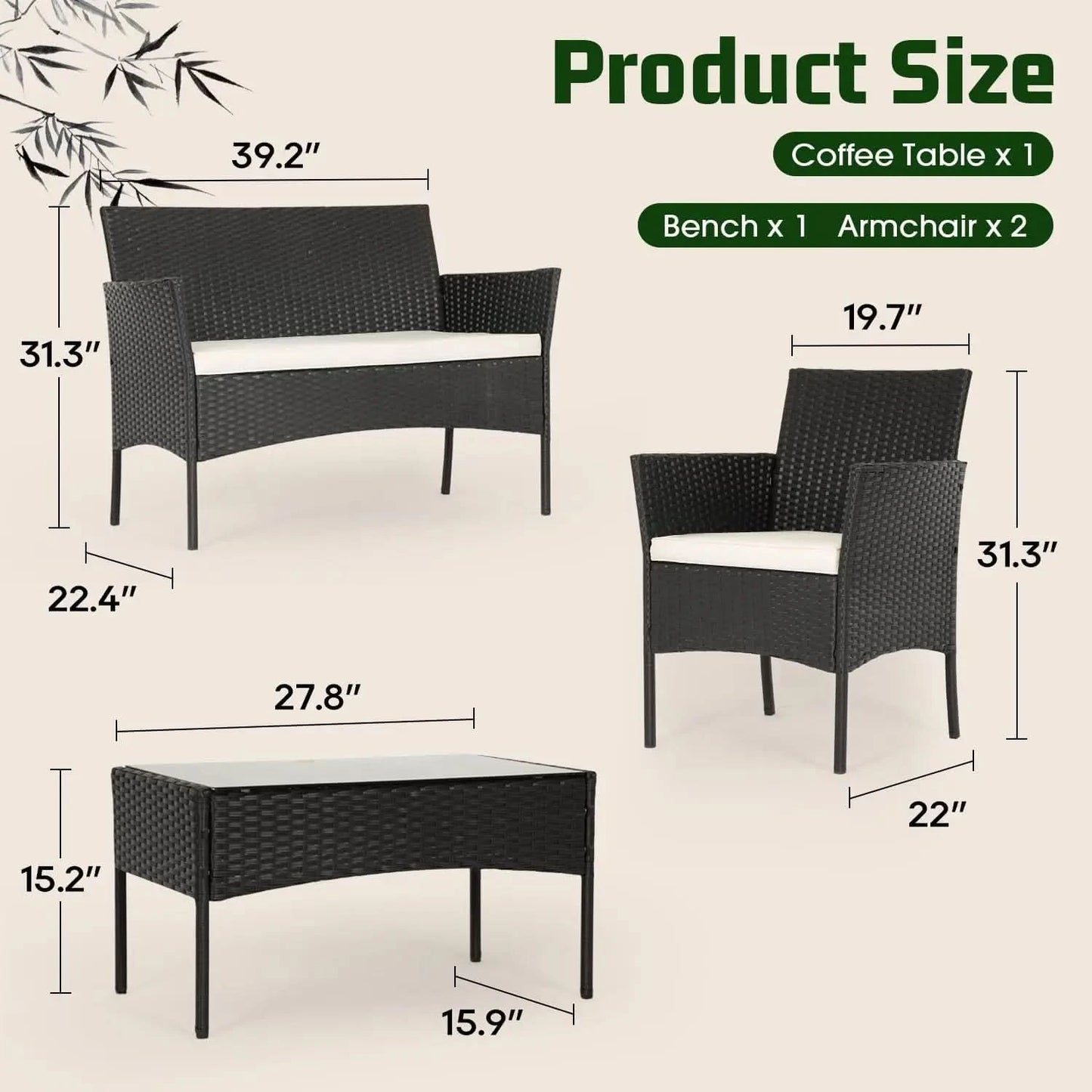 4-Piece Patio Furniture Set | Outdoor Wicker Furniture with Coffee Table | Modern Rattan Chairs Conversation Set