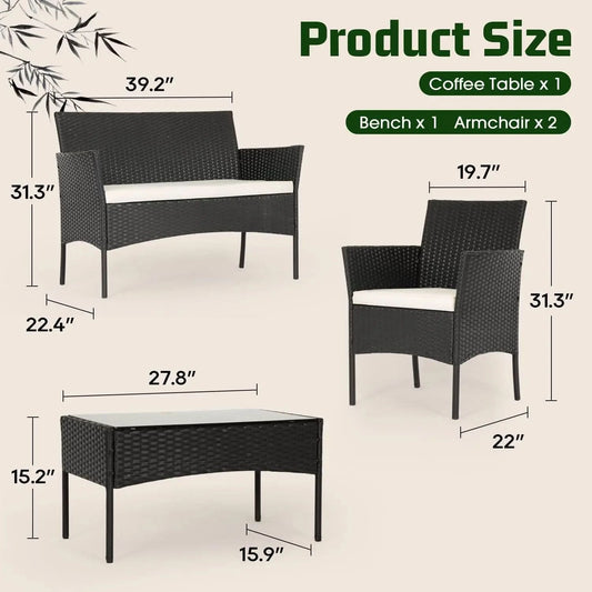 4-Piece Patio Furniture Set | Outdoor Wicker Furniture with Coffee Table | Modern Rattan Chairs Conversation Set