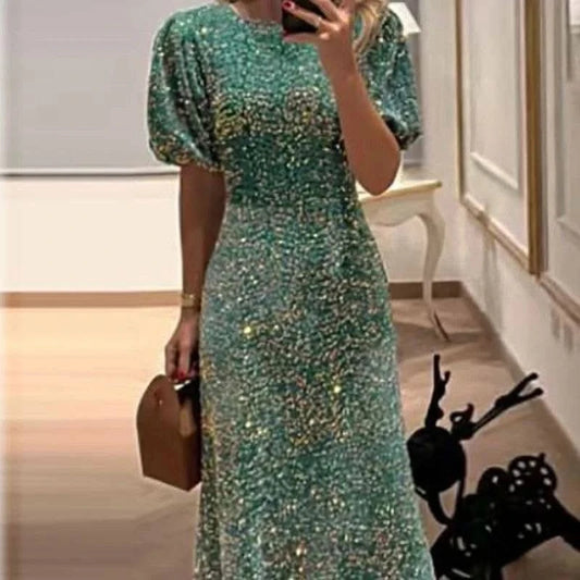 2024 New Lady Temperament Slim Banquet Dress Fashion Shiny Sequin Long Dress Casual O-neck Short Sleeved High Waist Dress Mujer - M & M Global