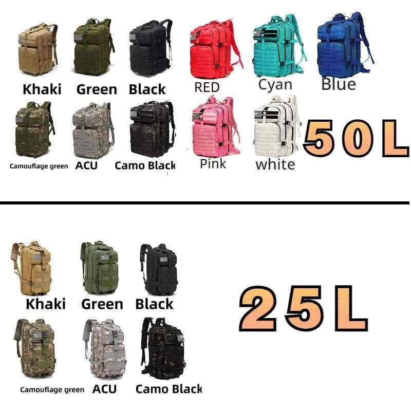 25L/50L Sturdy Nylon Waterproof Tactical Sports Trekking Fishing Hunting Camping Hiking Bag Backpack Outdoor Rucksacks - M & M Global