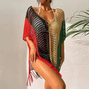 Knitted Contrast Tassel Bikini Summer Beach Cover Up Sexy Hollow Out Women V Neck Loose Beachwear Sunscreen Smock - M & M Global