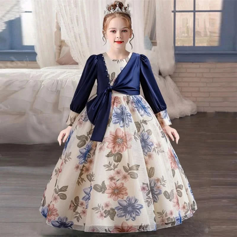 Girls flower pearl long sleeved princess dress 4-12 years old elegant bow printed long dress carnival birthday party performance - M & M Global