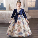 Girls flower pearl long sleeved princess dress 4-12 years old elegant bow printed long dress carnival birthday party performance - M & M Global
