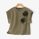 ZANZEA Women Short Sleeve Blouse Speacial Three-D Flowers Blusas 2024 Summer Round Neck Shirt Casual Loose Colorblock Tops Femme