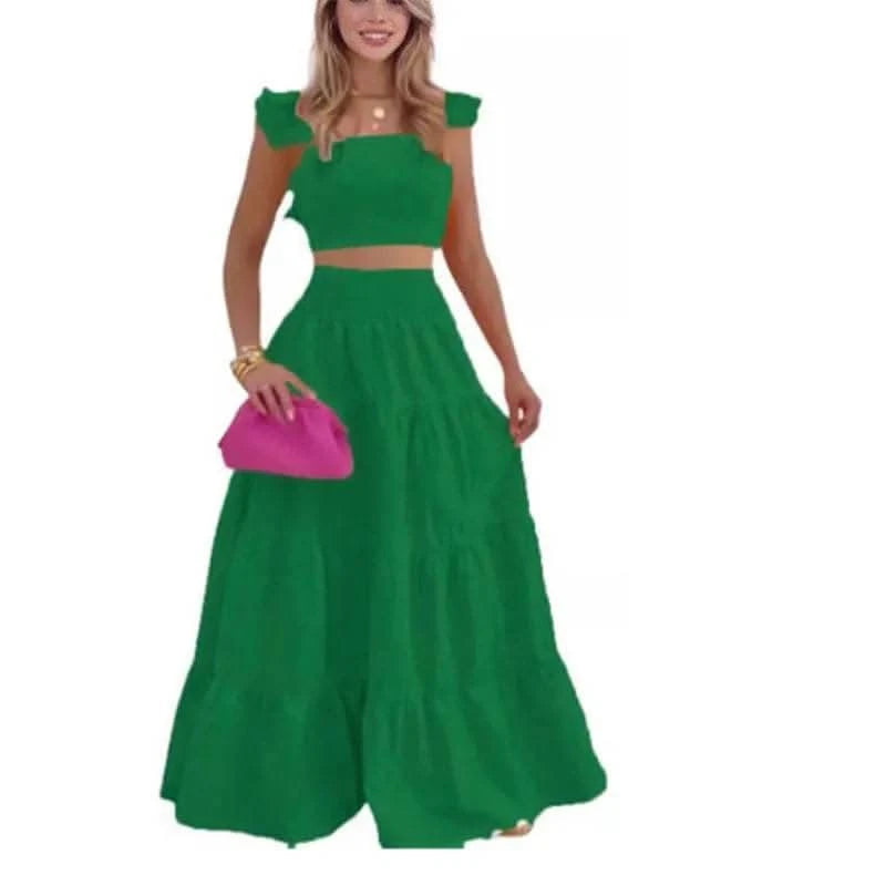 Dress Set Two-piece Women's Clothing Solid Color Sexy Suspender Large Swing Skirt Short Sleeved Square Neck Top Summer Outfits - M & M Global