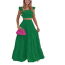 Dress Set Two-piece Women's Clothing Solid Color Sexy Suspender Large Swing Skirt Short Sleeved Square Neck Top Summer Outfits - M & M Global