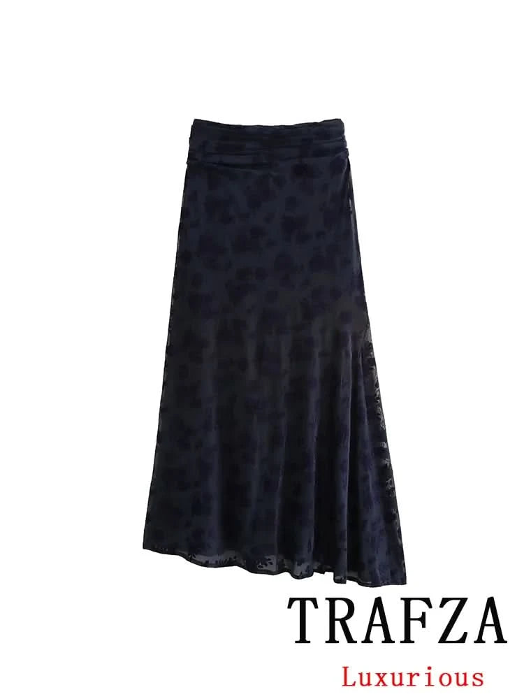 TRAFZA Vintage Casual Chic Women Flocking Suit O-Neck Backless Sleeveless Top Asymmetrical Long Skirt Fashion 2025 Spring Suit - M & M Global