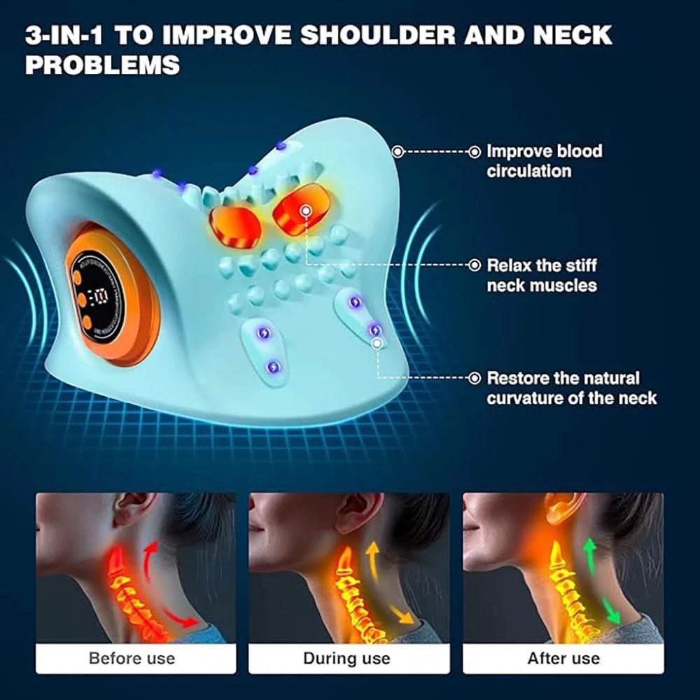 Portable EMS Neck Massager With Heat Low-Frequency Pulse Neck Cervical Spine Traction Relaxer Massage Pillow With Remote Control - M & M Global