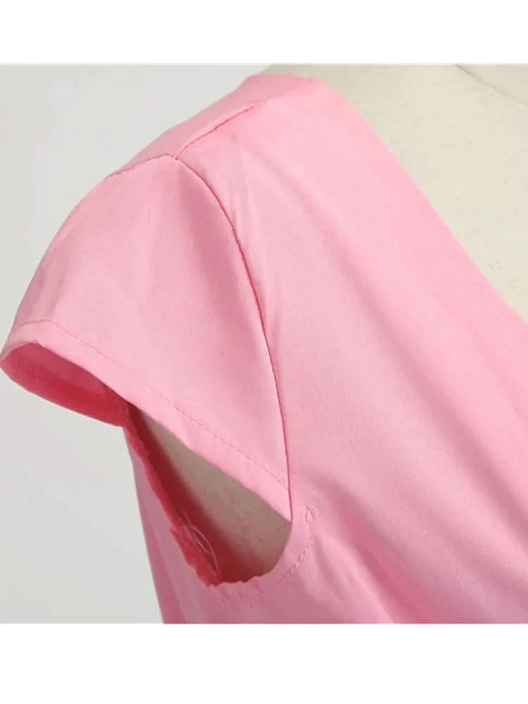 Pink Summer Dress Women V Neck Vintage Robe Elegant Retro pin up Party Office Midi Dresses - M & M Global