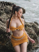 Sexy Beading Halter Bikini Mini Skirt Sets Women Backless Twist Crop Top High Waist Hip Package Skirts 2025 Spring Lady Outfit - M & M Global