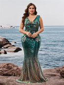 Plus Size Elegant V-Neck Sequins Evening Dresses Long New Luxury Women Formal Mermaid Wedding Party Cocktail Gowns