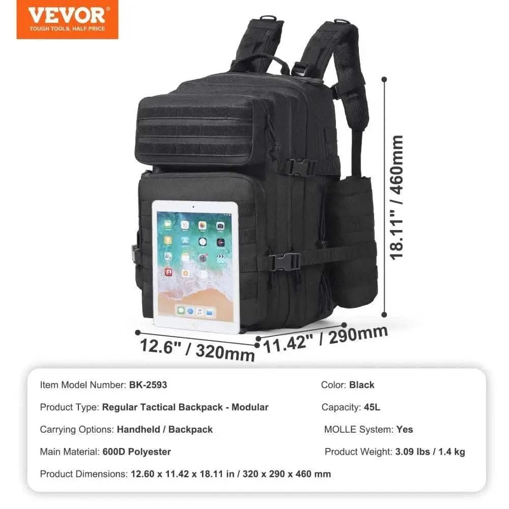 45L Tactical Military Backpack Molle Compatible 3 Compartment for men 's Hiking Bug Out Bag With Bottle Holder - M & M Global