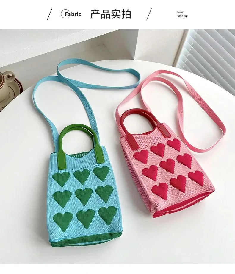 Korean Fashion Heart Knitted Mini Square Handbag for Women Small Mobile Phone Shoulder Bags Girls Cute Outdoor Crossbody Bags - M & M Global