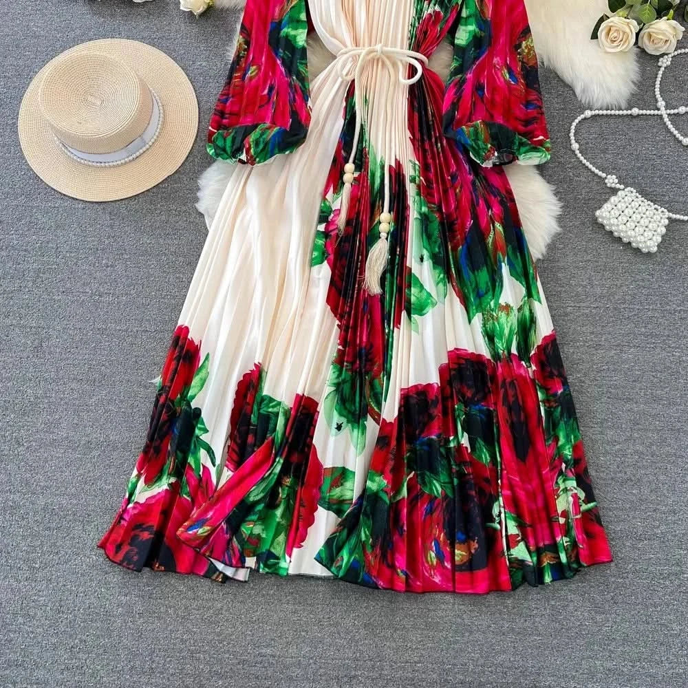 Spring Holiday Print Long Dress For Women Fashion Loose Lantern Sleeve Party Robe Female Big Swing Tassels Belt Pleated Clothes - M & M Global