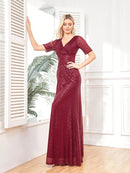 Luxury Floor Length V-Neck Evening Dresses Women Elegant Wedding Party Sequins Short Sleeves Prom Floor-Lenght Cocktail Gowns