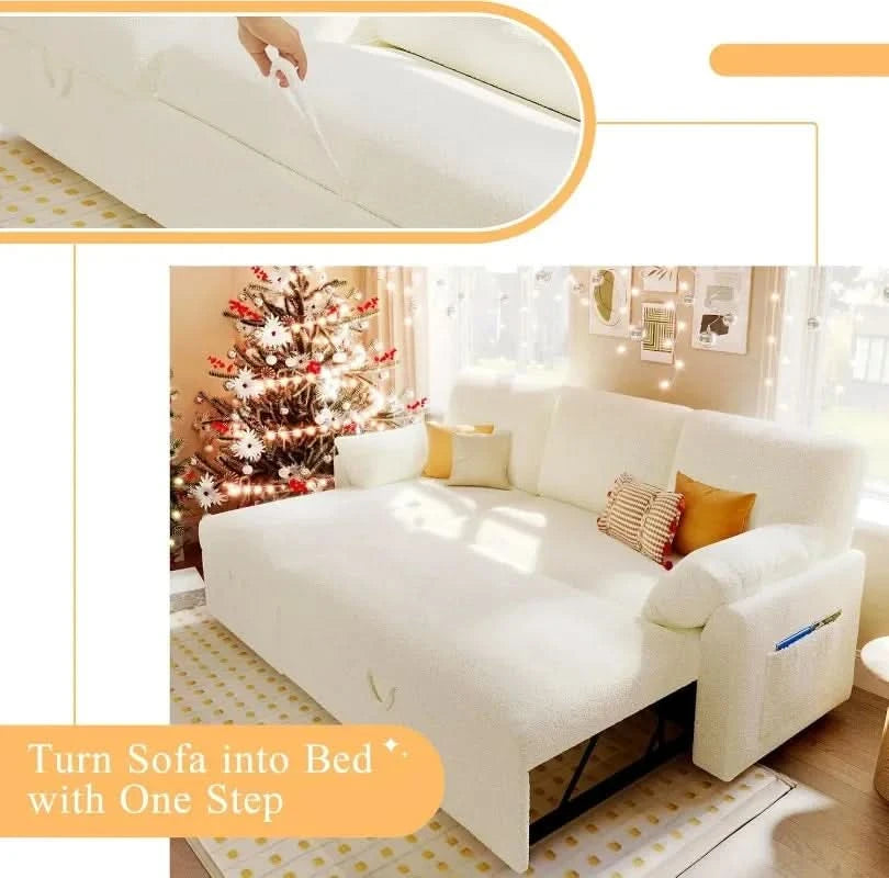 Authenticity guarantee.Sofa Bed- 2 in 1 Pull Out Couch Bed with Storage Chaise for Living Room, White Sherpa Couch.HOME