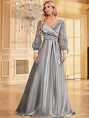 Luxury Blue V-Neck Sequin Evening Dress 2024 Elegant Women Party Maxi Dress Long Sleeve Cocktail Dress Prom Gown