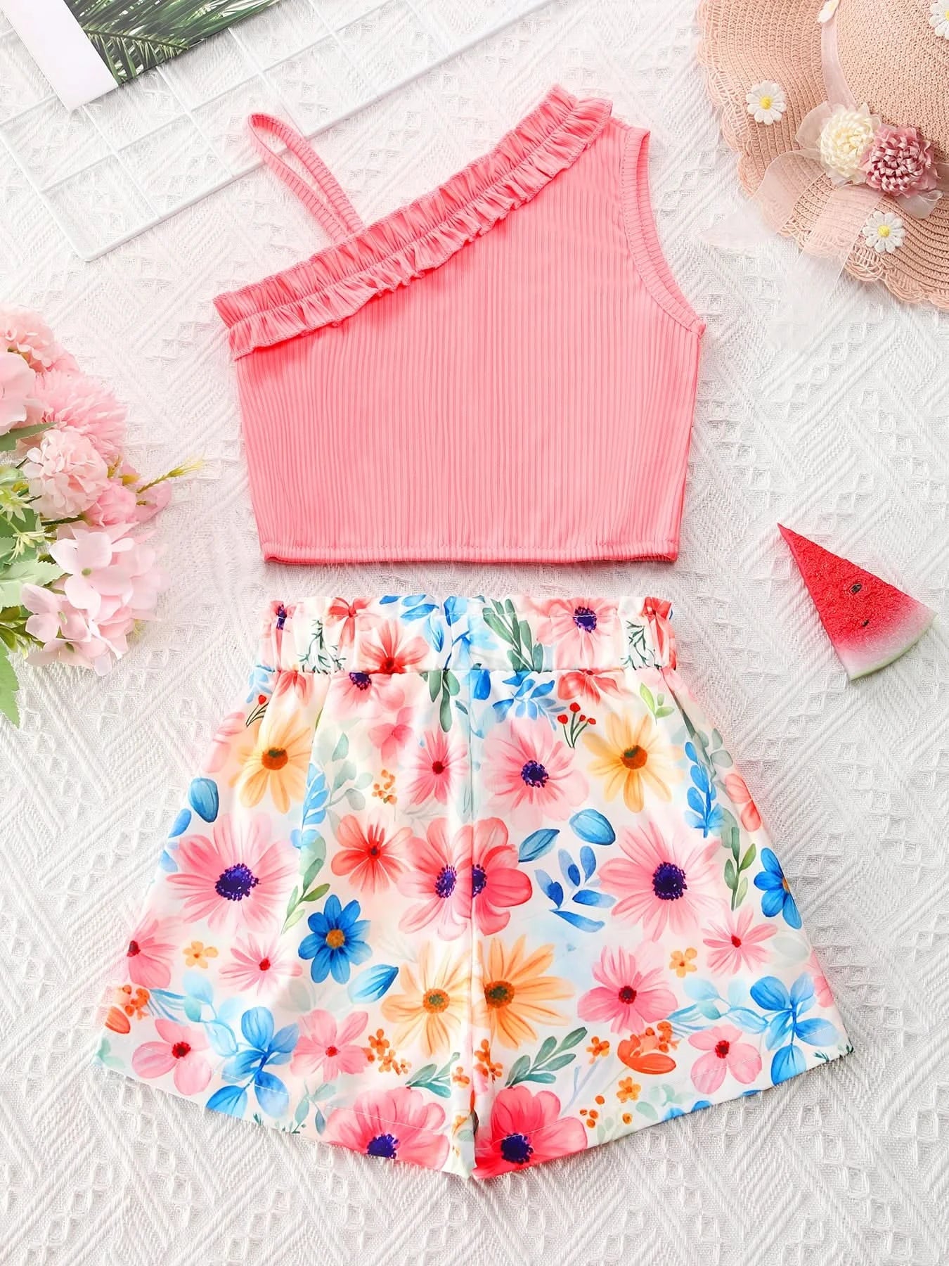 Girls Children Fashion Suit One Shoulder Top & Shorts Printed Floral Girl Summer Suspender Set Birthday Gift Fashion Suits - M & M Global