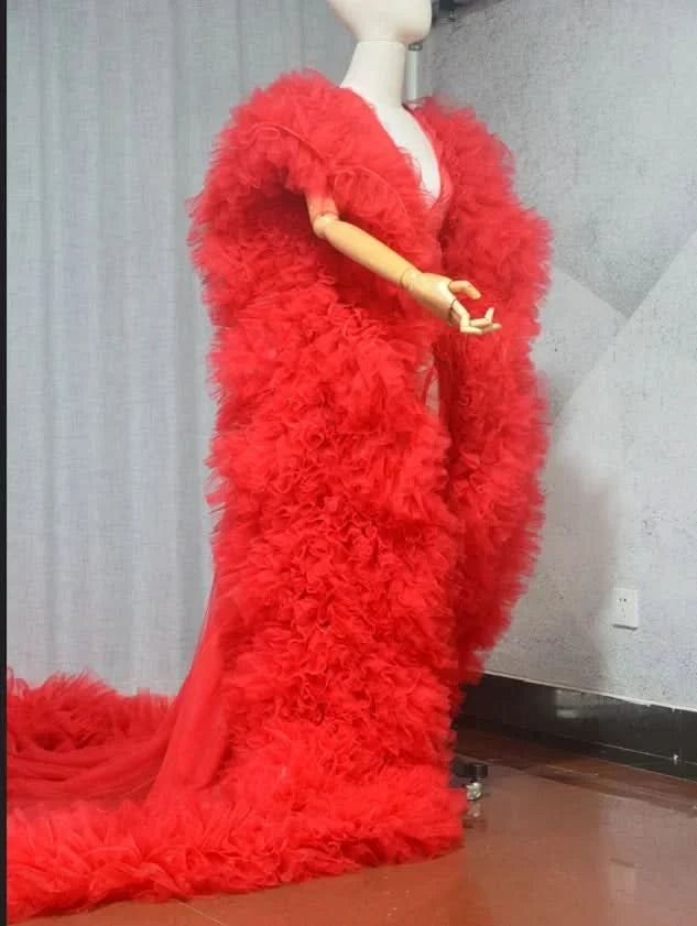 luxury Fully  long dress with ruffles cape tulle cloak Wedding attire Fashion Stage cloak custom  party prom dress - M & M Global