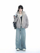 Winter American Retro Fur Collar Women Padded Hooded Cotton-Padded Jacket Plush Casual Street Gothic Harajuku Oversize Coat