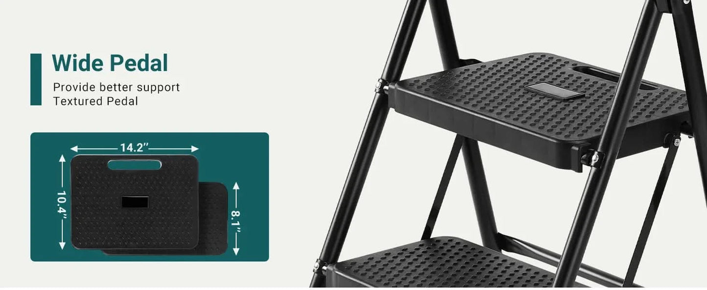 JHK Folding 2/3 Step Ladder Stool with Anti-Slip Pedal 800lbs Capacity Sturdy Steel Portable Cushioned Handle for Kitchen Home