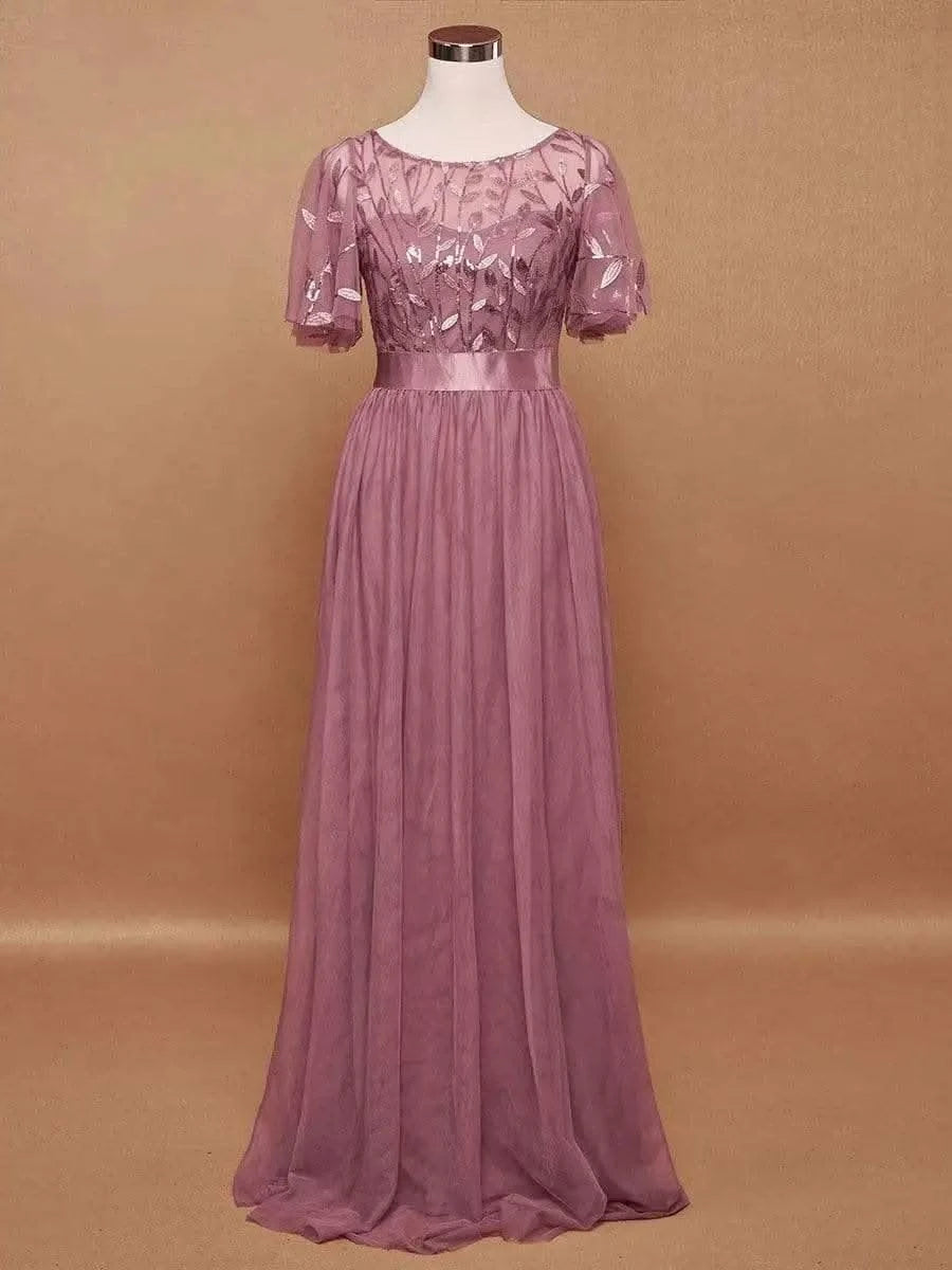 2023 New Women's Burgundy A-Line Sequin Mesh Leaf Maxi Prom Dress Sparkle Evening Dresses O-Neck Short Sleeve Long Dress - M & M Global