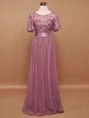 2023 New Women's Burgundy A-Line Sequin Mesh Leaf Maxi Prom Dress Sparkle Evening Dresses O-Neck Short Sleeve Long Dress - M & M Global