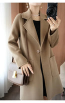 Plus Size Women's Long Sleeve Woolen Coat Pure Color Slim Fit Midi Length Spring New Style Compact Size Versatile Quality Pol...