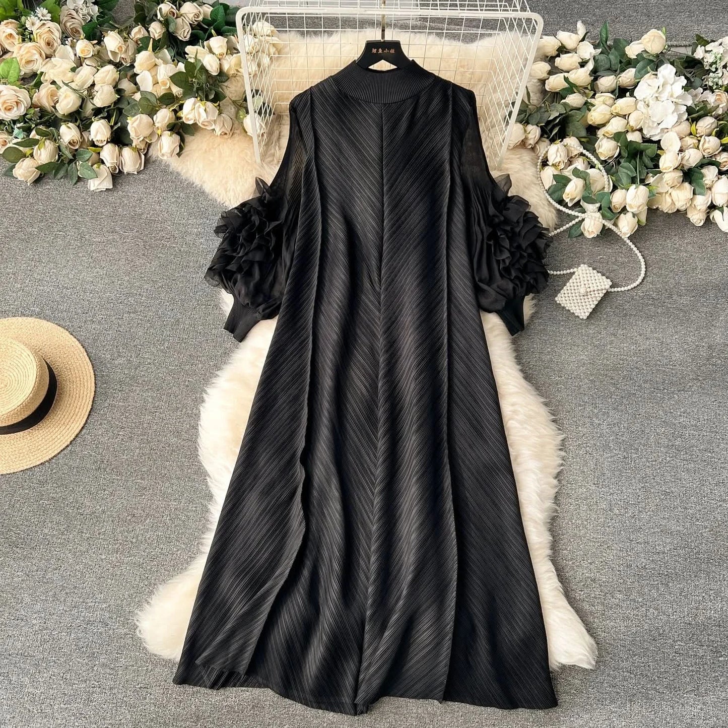 Sweet Pleated Vintage Three-dimensional Flower Loose Long Dress Chic Evening Korean Fashion Fashion Women Summer Dresses - M & M Global