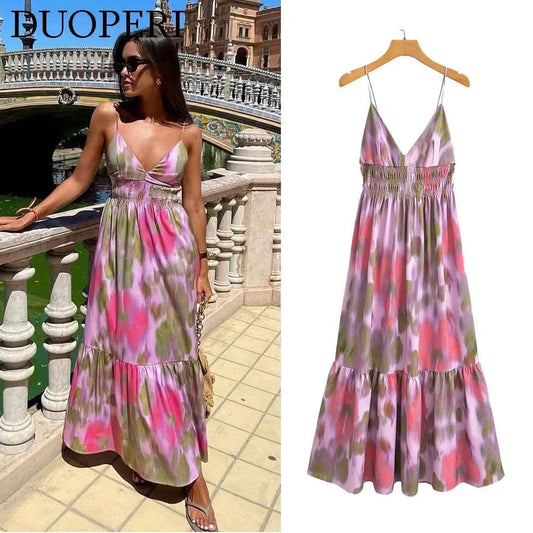 DUOPERI Women Fashion Printed V-Neck Backless Midi Camisole Dress Female Chic Lady Casual Long Dress - M & M Global
