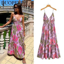 DUOPERI Women Fashion Printed V-Neck Backless Midi Camisole Dress Female Chic Lady Casual Long Dress - M & M Global