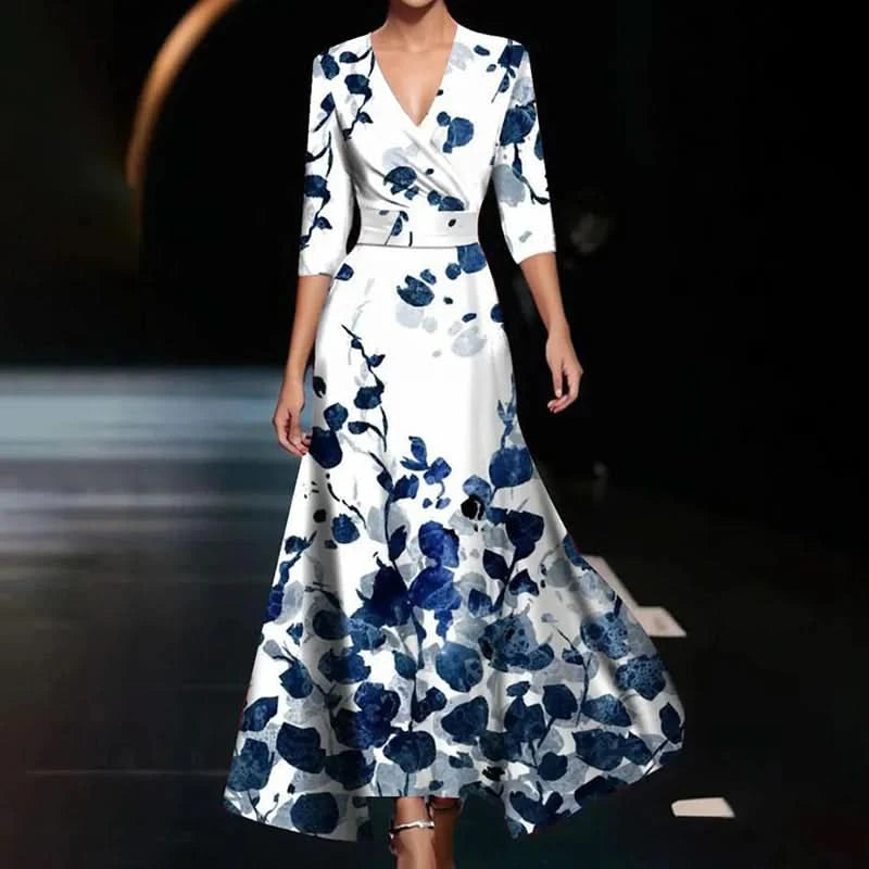 Elegant Women Long Dress Women V Neck 3/4 Sleeve A-Line Party Dresses For Women Fashion Flower Printed Vestidos Robe - M & M Global