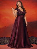 Plus Size Elegant V-Neck Red Sequins Evening Dress Long Luxury Women Satin Sleevesless Party Prom Cocktail Gowns