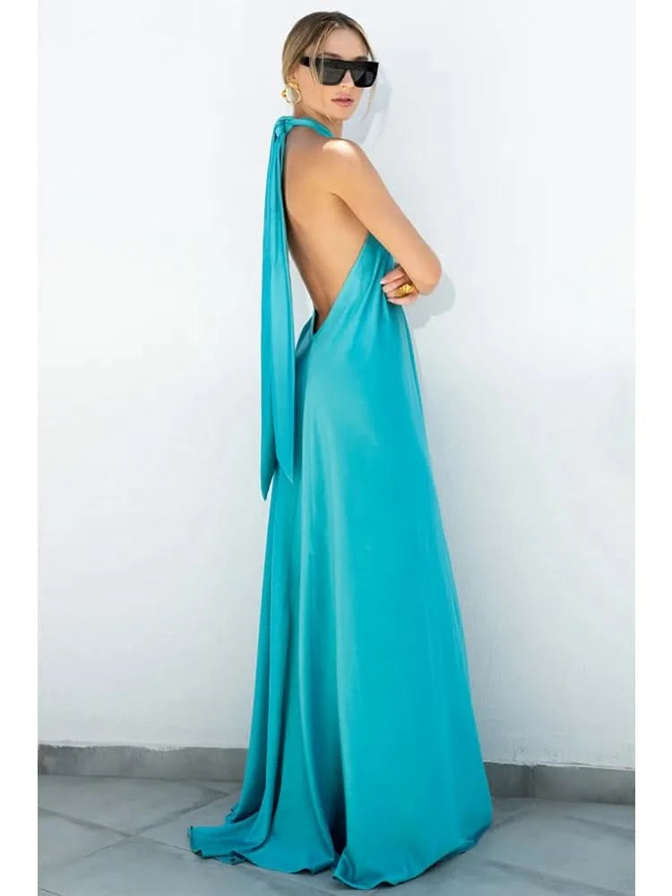 Summer Satin Sexy Women Long Dress Fashion Blue Elegant Vestido Halter Sleeveless Party Evening Dress - M & M Global