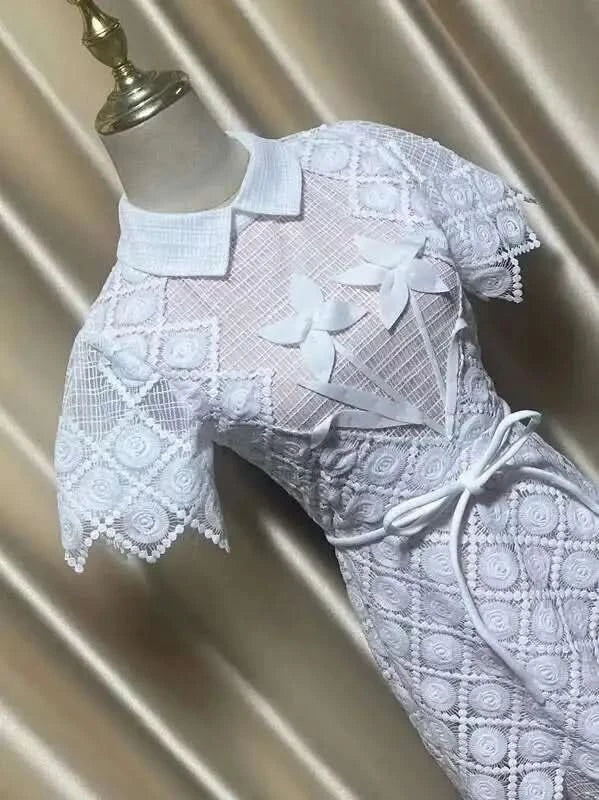 UCXQ Elegant Long Dress Fairy Style Embroidery Lace Patchwork Short Sleeve Waist Party Dresses For Women 2025 Spring Summer 9302 - M & M Global