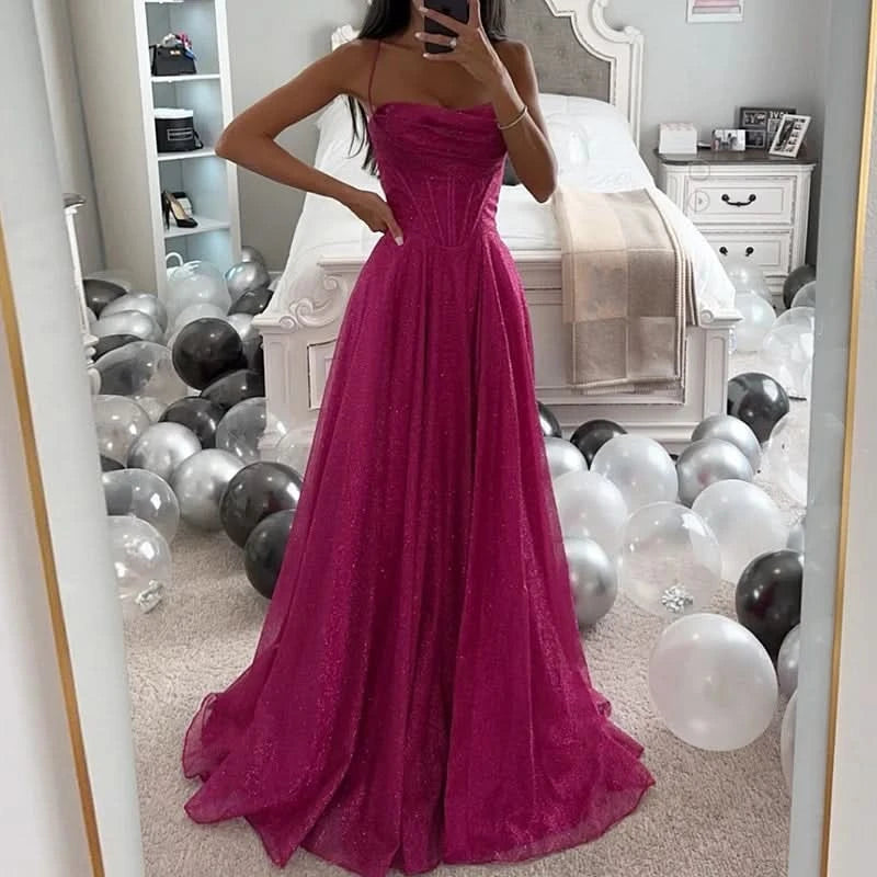 Women Hollow Sleeveless Mesh Evening Dress Bronzing High Waist Pleated Long Dress Birthday Party Dress Elegant Fashion New 2024 - M & M Global